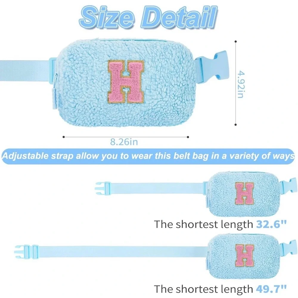Fluffy Blue Kids Pouch with Pink Initial H